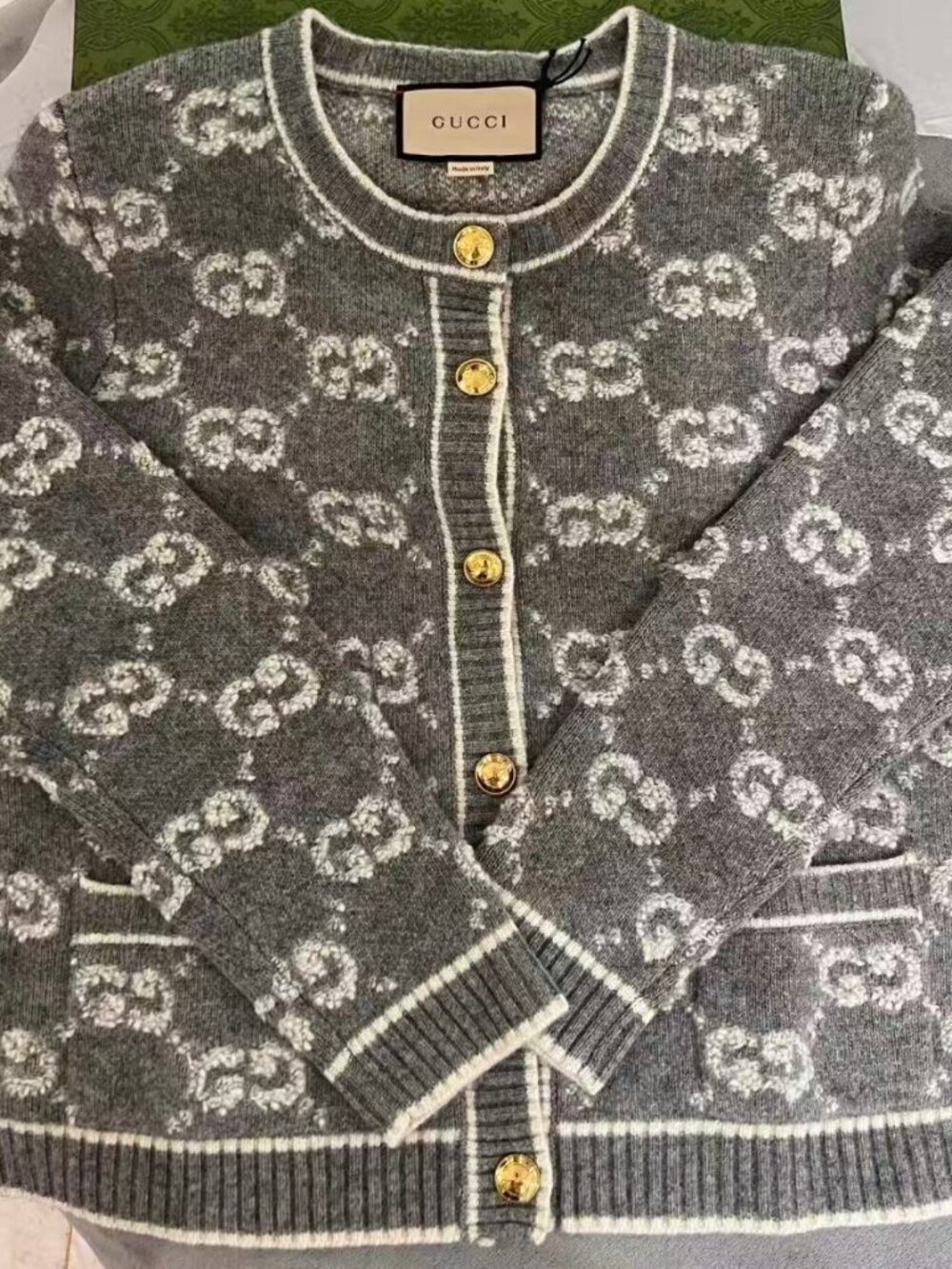 Gucci GG Monogram Gray Wool Cardigan White GG Pattern Gold Buttons